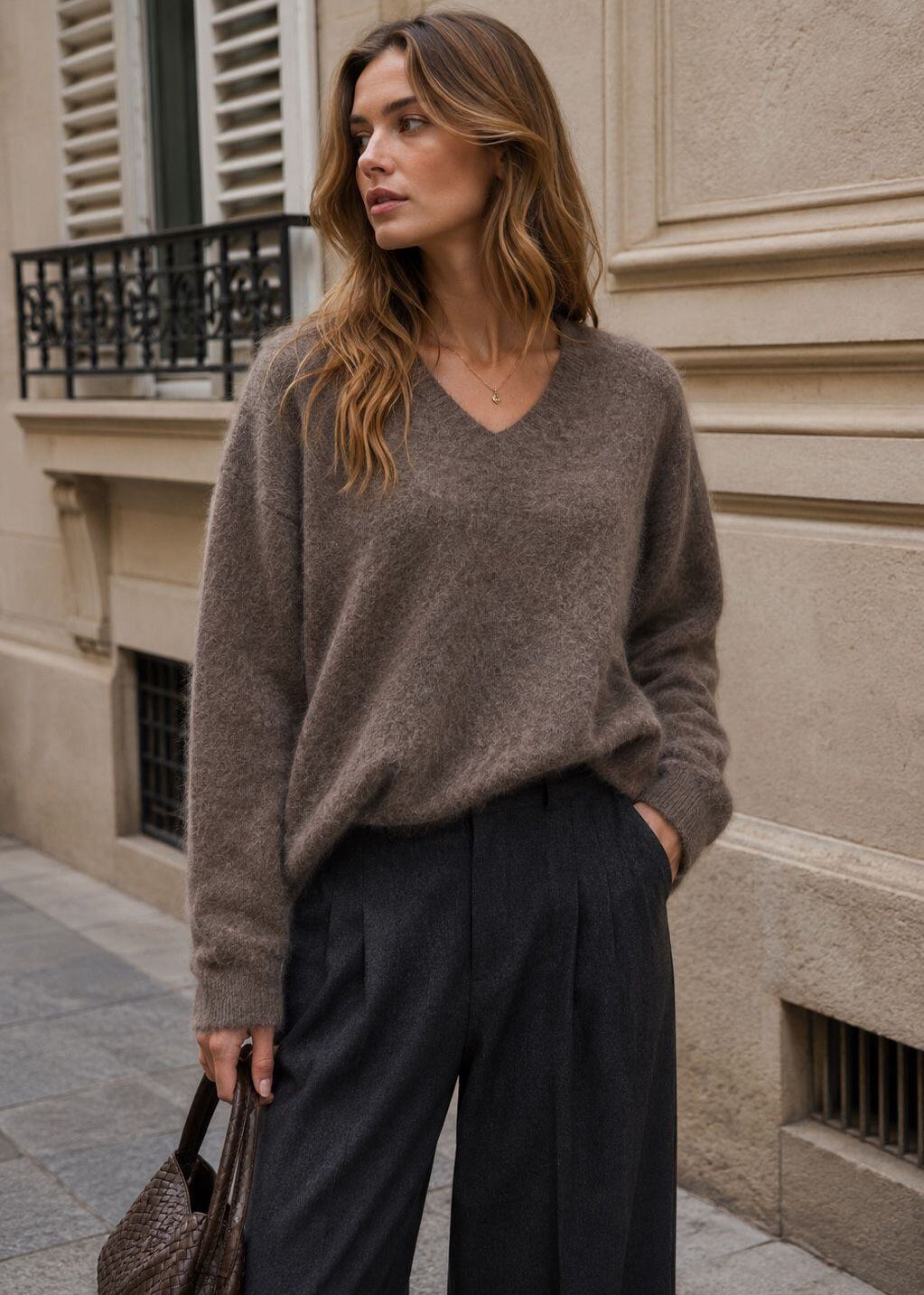 Pull cachemire et laine taupe
