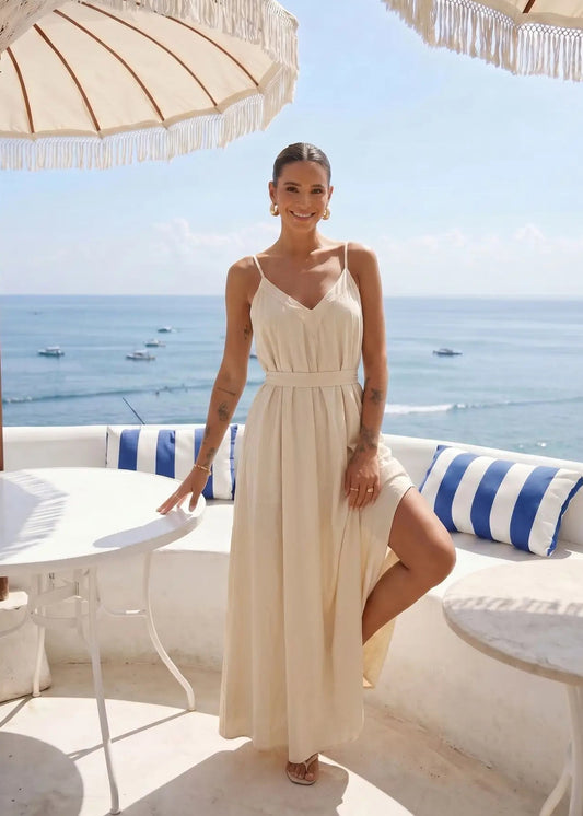 Robe longue ceinture crème